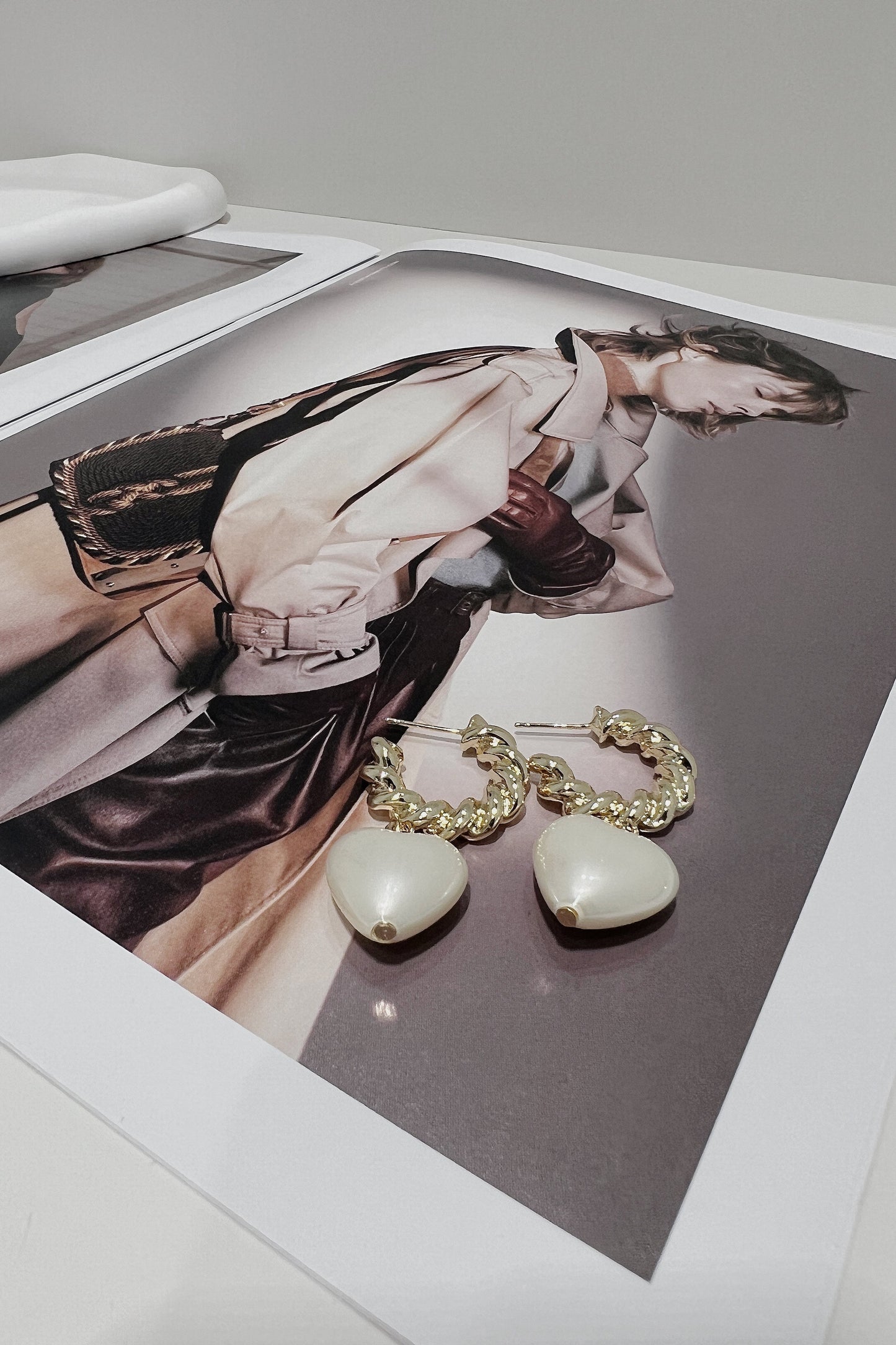 Gold Croissant Hoop Pearl Heart Earrings