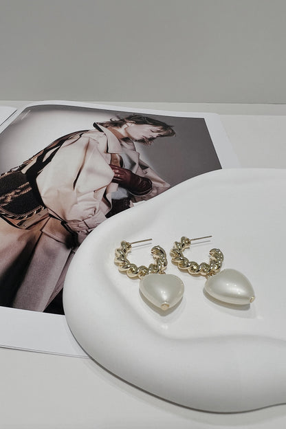 Gold Croissant Hoop Pearl Heart Earrings