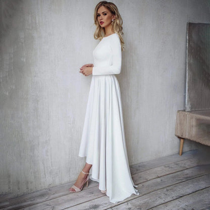 Real Photos Irregular Satin Minimalist Simple Wedding Dress V-Neck Ankle Length Custom Made Open Back Long Sleeves Bridal Gowns
