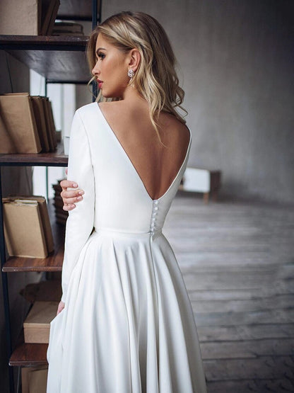 Real Photos Irregular Satin Minimalist Simple Wedding Dress V-Neck Ankle Length Custom Made Open Back Long Sleeves Bridal Gowns