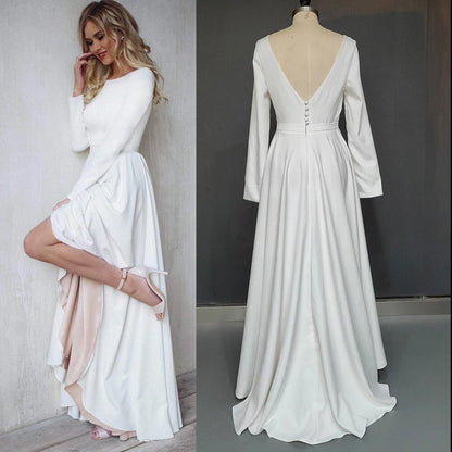 Real Photos Irregular Satin Minimalist Simple Wedding Dress V-Neck Ankle Length Custom Made Open Back Long Sleeves Bridal Gowns