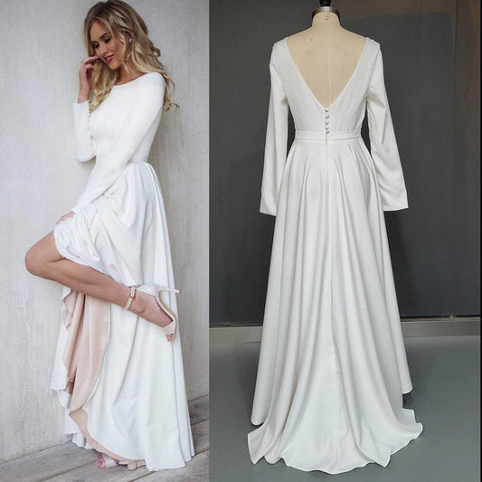 Real Photos Irregular Satin Minimalist Simple Wedding Dress V-Neck Ankle Length Custom Made Open Back Long Sleeves Bridal Gowns