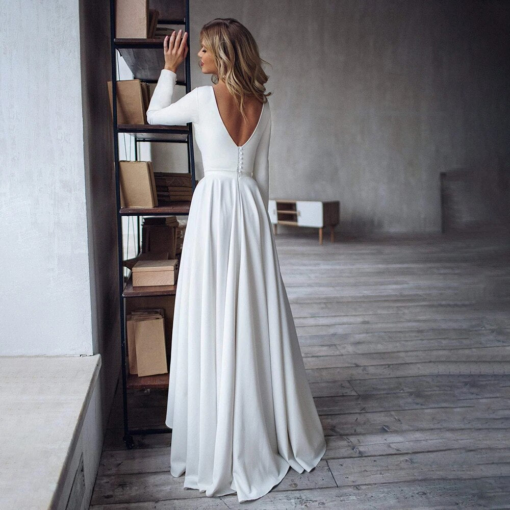 Real Photos Irregular Satin Minimalist Simple Wedding Dress V-Neck Ankle Length Custom Made Open Back Long Sleeves Bridal Gowns