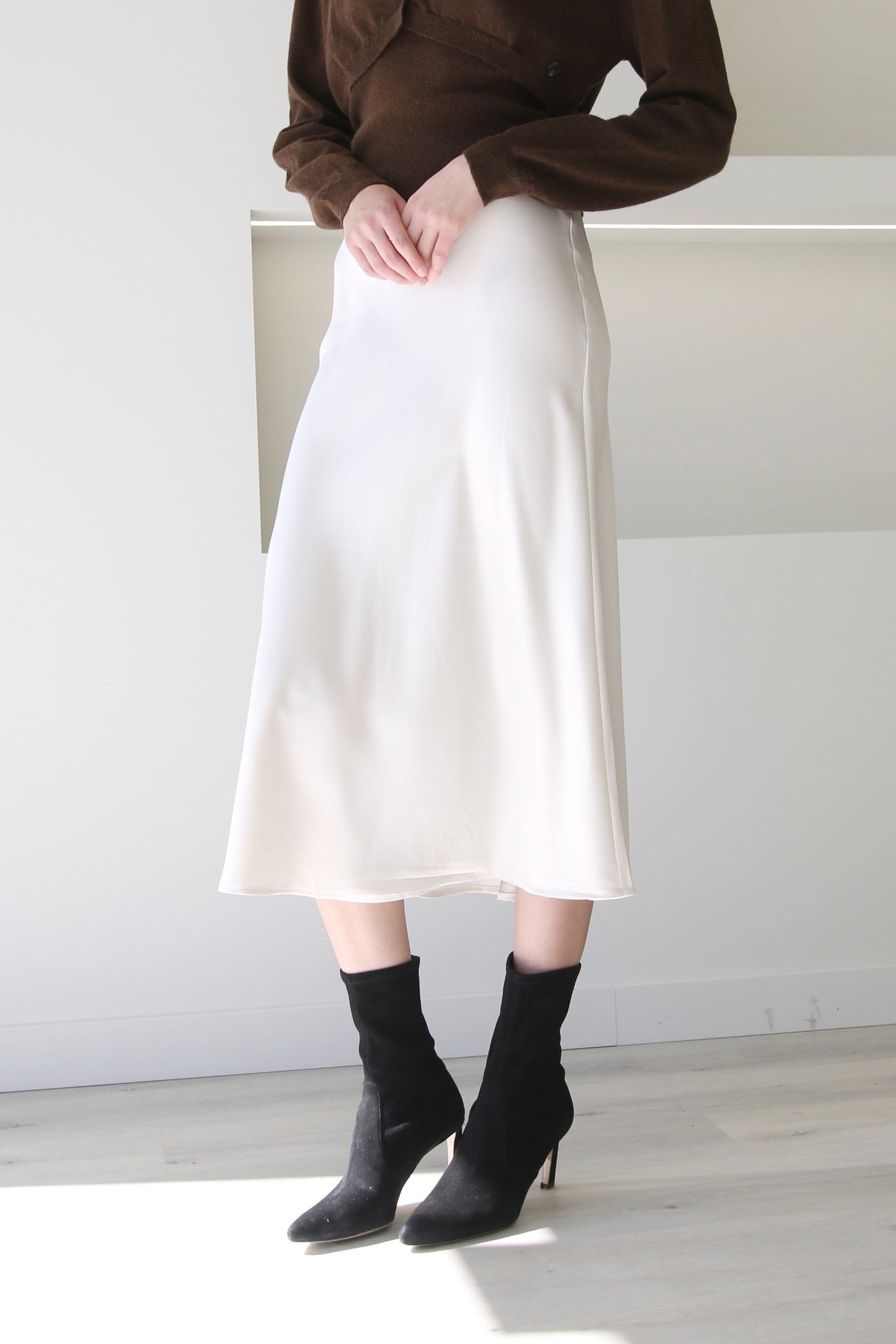 High Waist A-Line Midi Satin Skirt Ivory