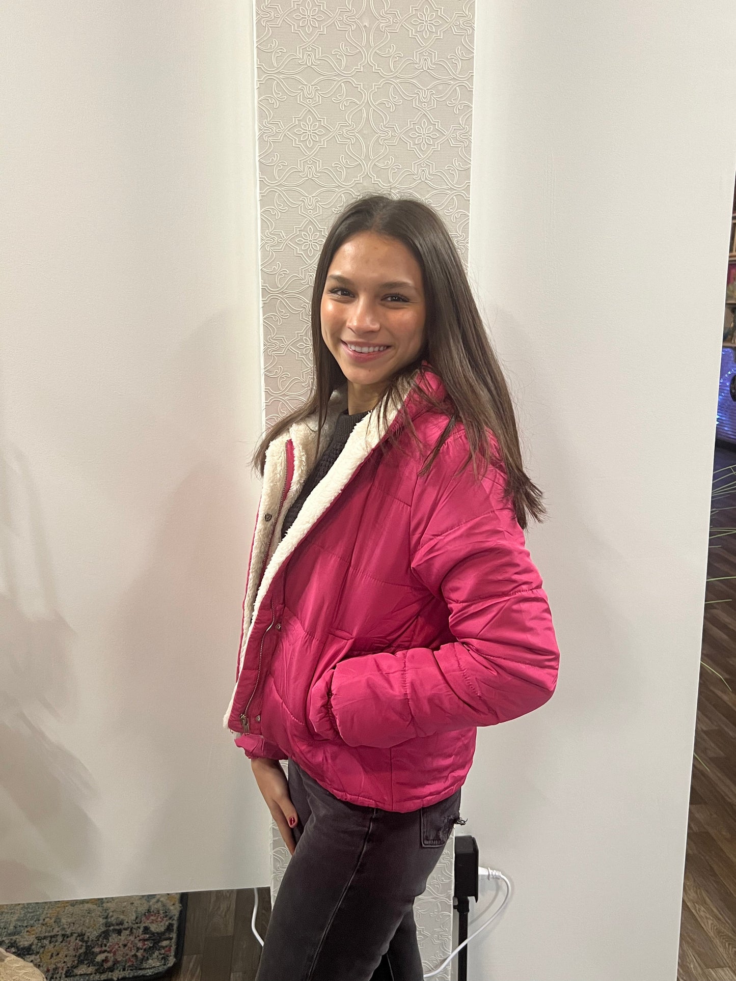 Women's Hot Pink Long Sleeve Inside Faux Fur Hoodie Puffer Jacket