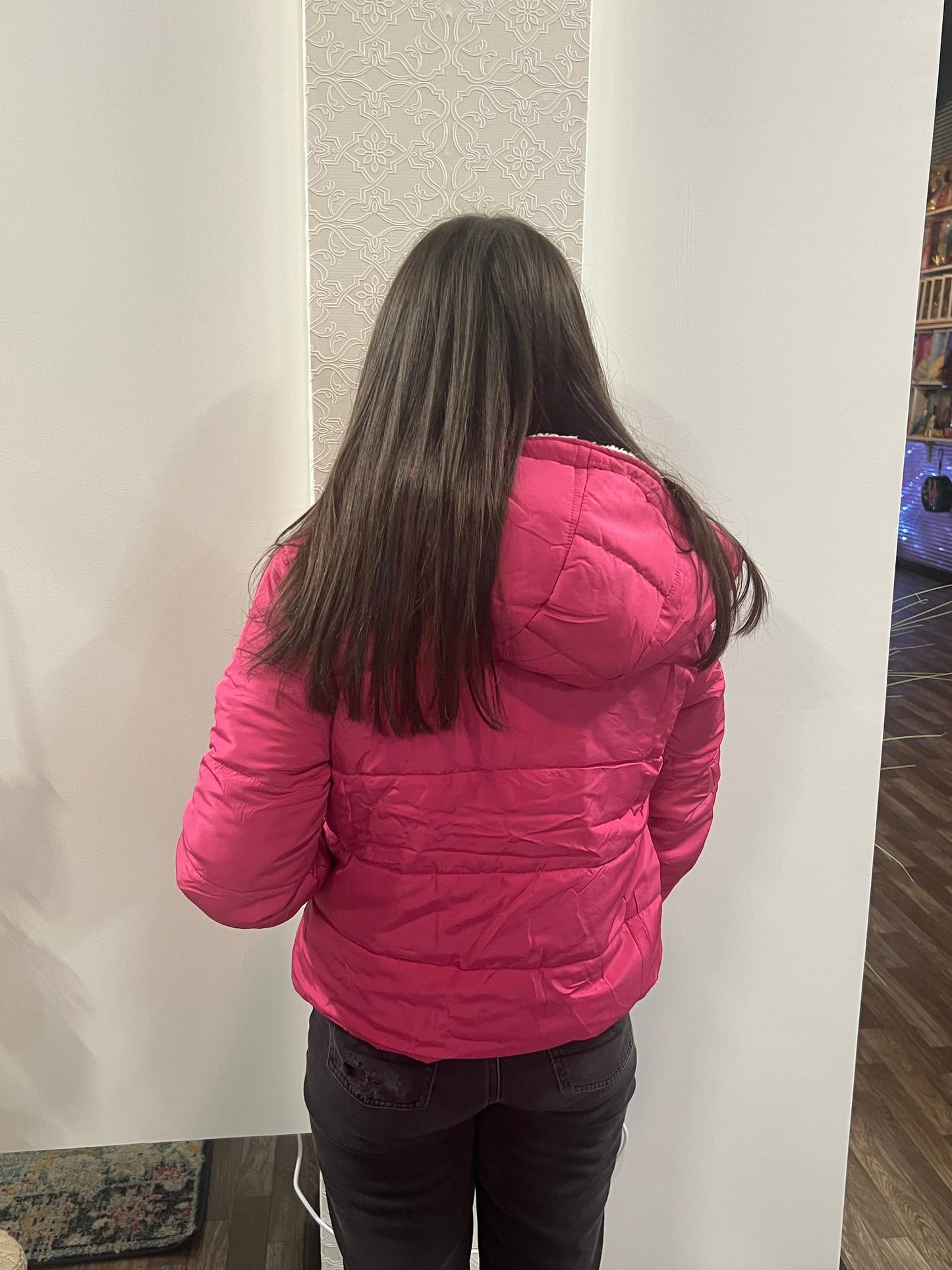 Women's Hot Pink Long Sleeve Inside Faux Fur Hoodie Puffer Jacket