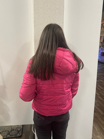 Women's Hot Pink Long Sleeve Inside Faux Fur Hoodie Puffer Jacket