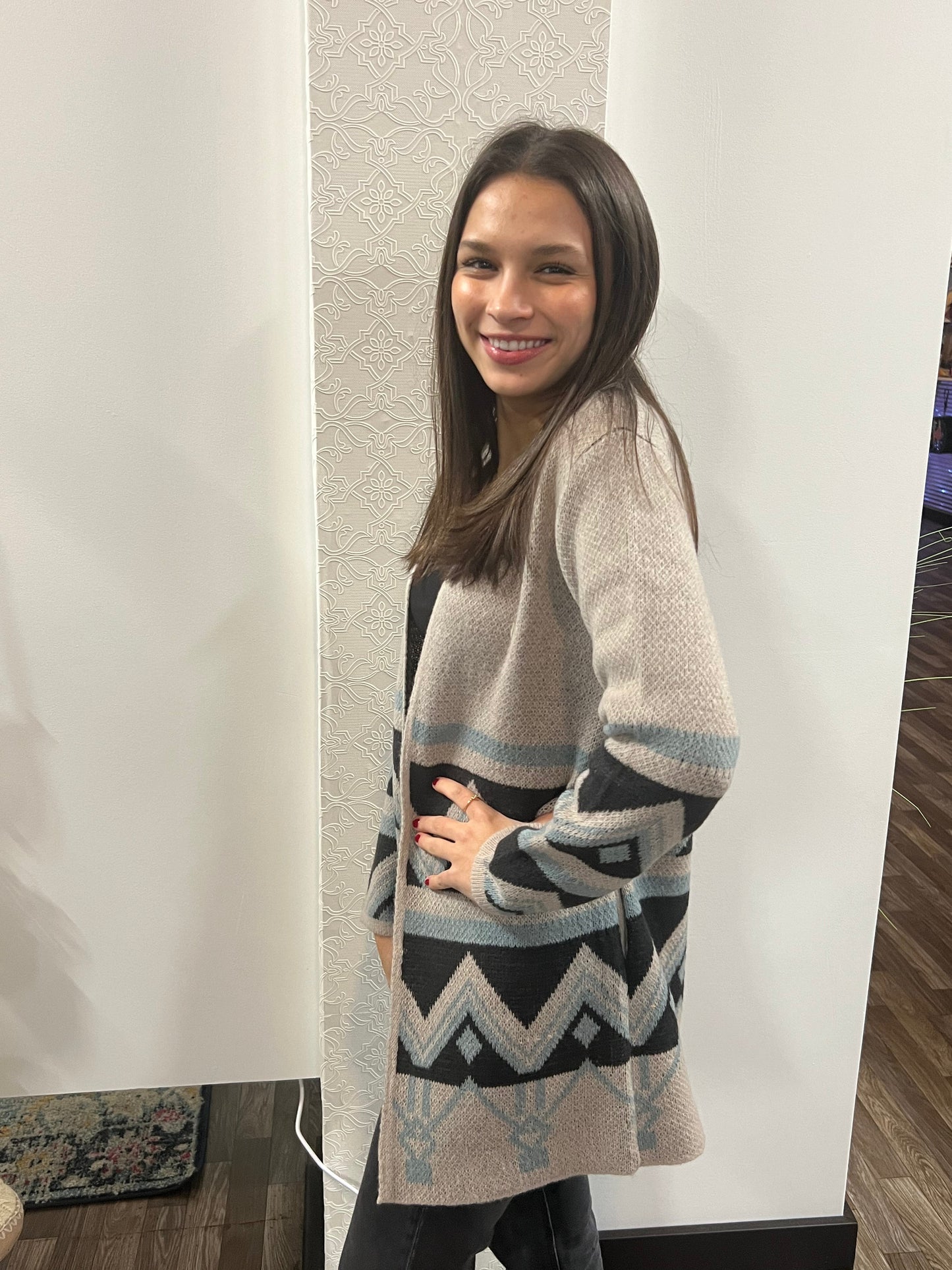 Women's Long Sleeve Gray Southwest Print Cardigan Sweater