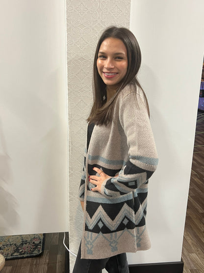 Women's Long Sleeve Gray Southwest Print Cardigan Sweater