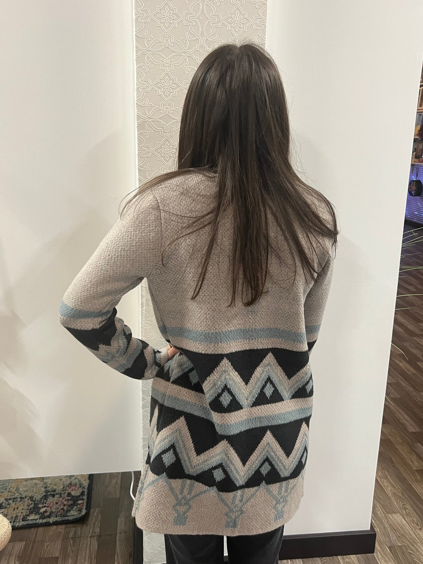 Women's Long Sleeve Gray Southwest Print Cardigan Sweater