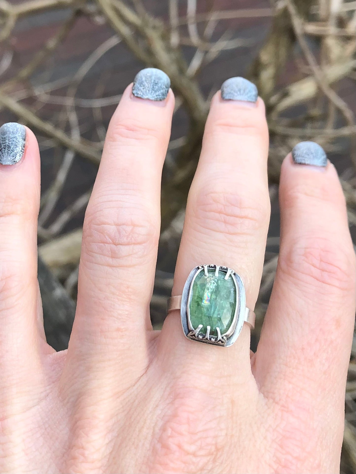 Green Kyanite Fancy Prong Ring