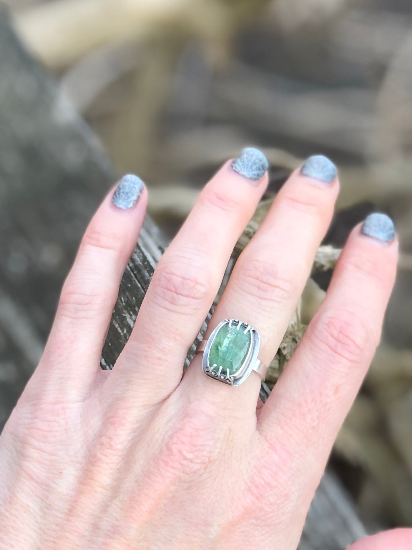 Green Kyanite Fancy Prong Ring