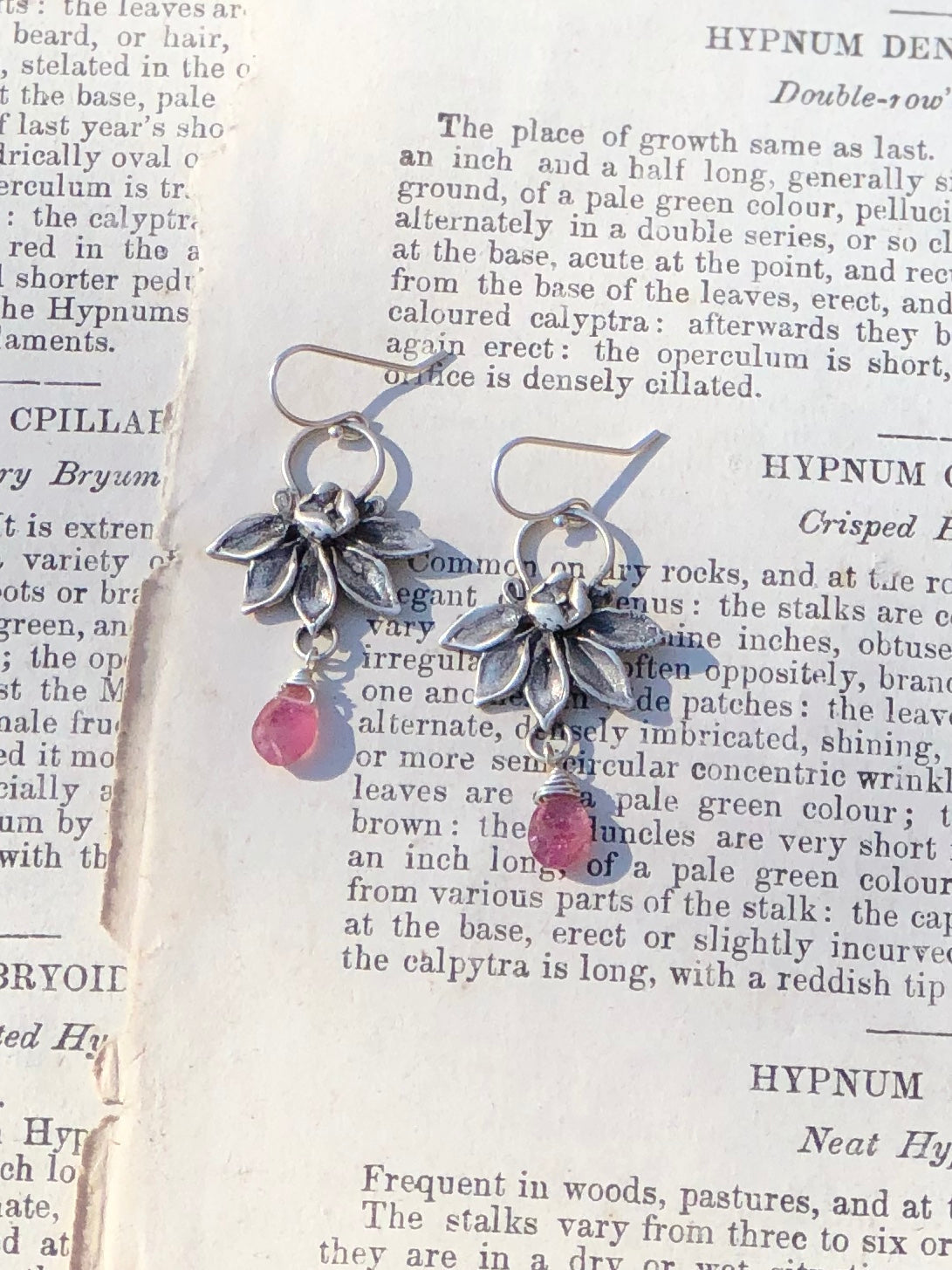 Lotus Flower With Pink Tourmaline Drop Earrings