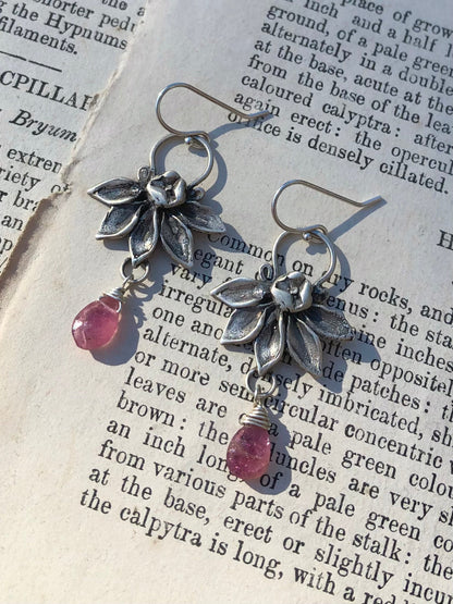 Lotus Flower With Pink Tourmaline Drop Earrings