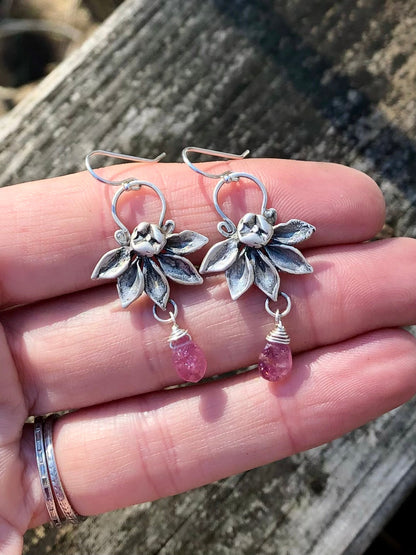 Lotus Flower With Pink Tourmaline Drop Earrings