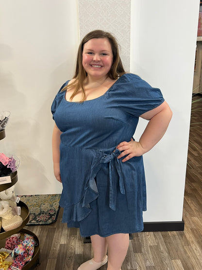 Plus Size Square Neck Wrap Bubble Sleeve Dress