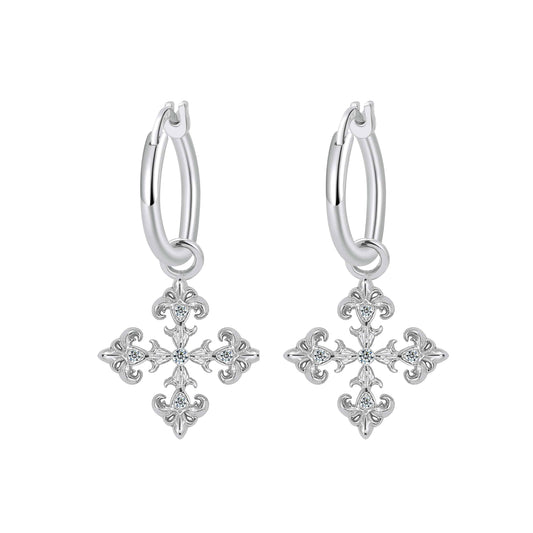 Saints Fleur De Lis Silver Cross Hoop Earrings