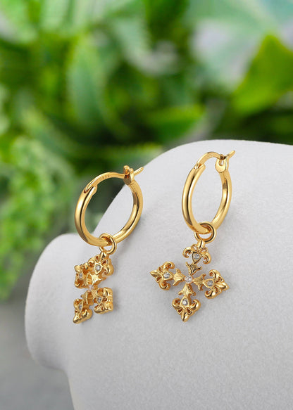 Saints  Fleur De Lis Cross Hoop Earrings