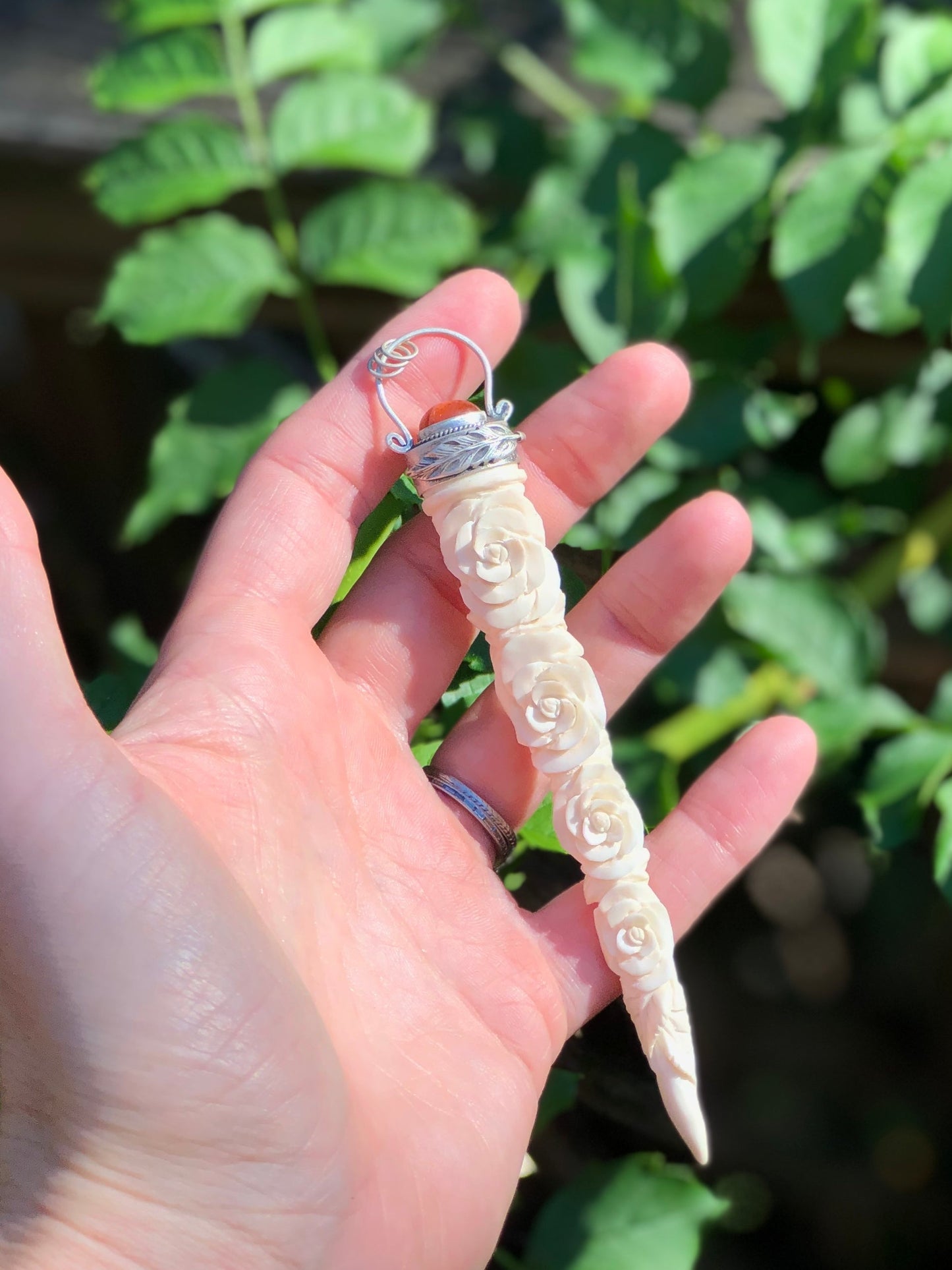 Carved Antler And Sunstone Pendant