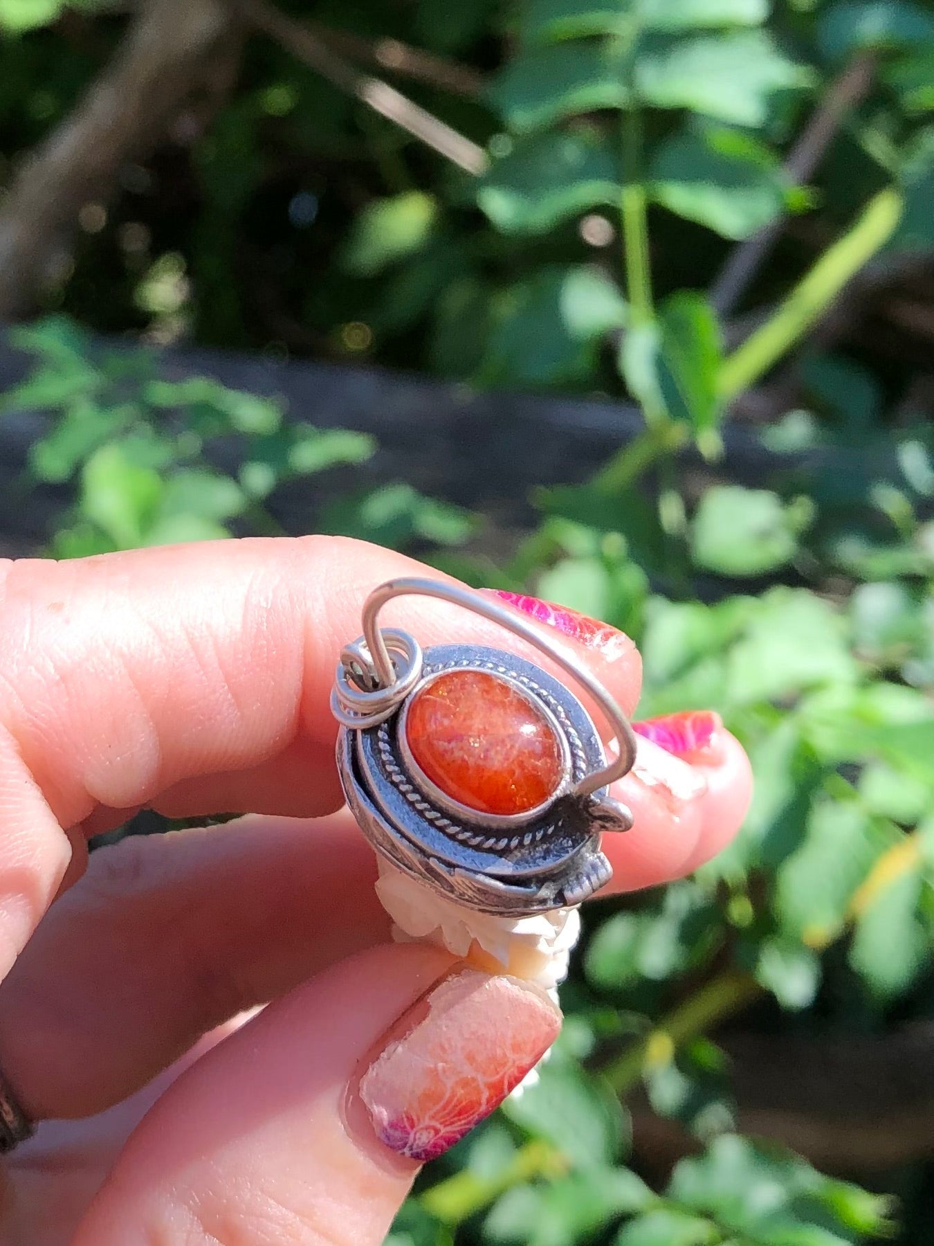 Carved Antler And Sunstone Pendant