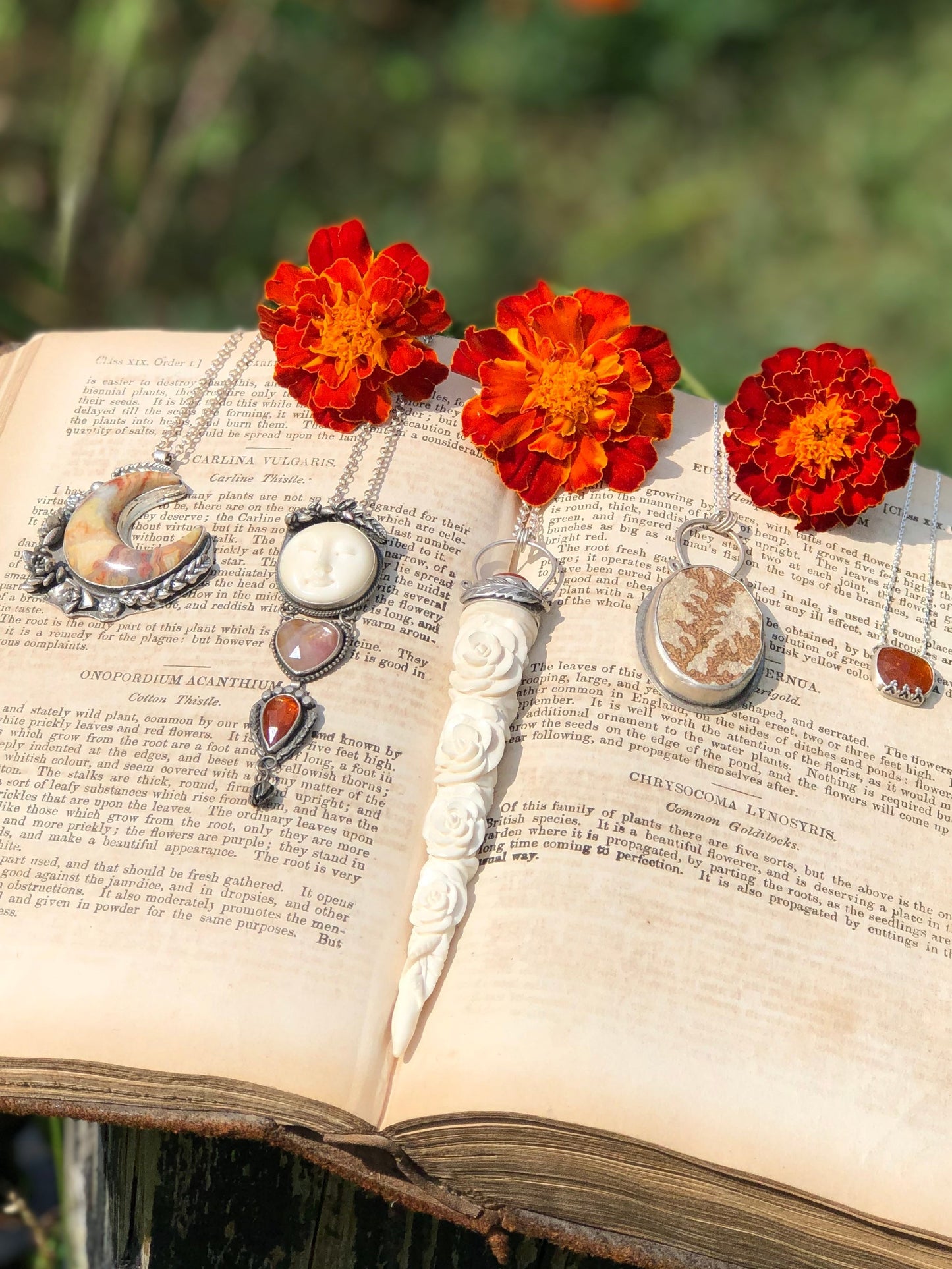 Carved Antler And Sunstone Pendant