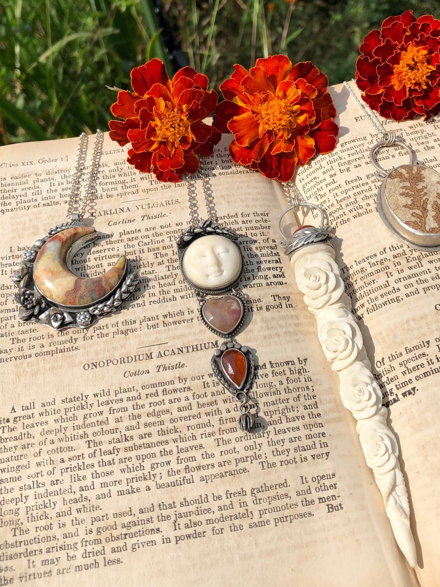 Carved Antler And Sunstone Pendant