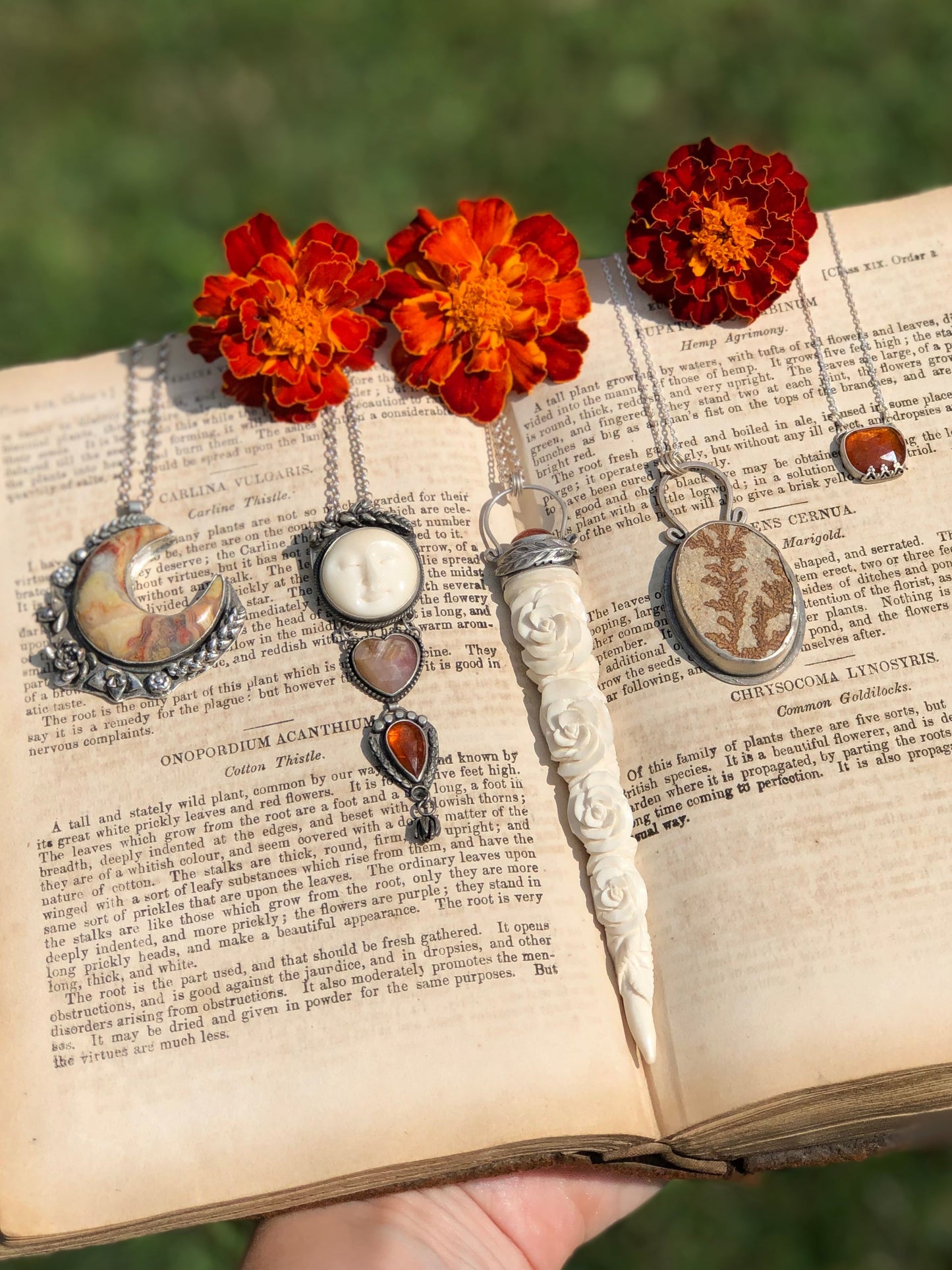 Carved Antler And Sunstone Pendant