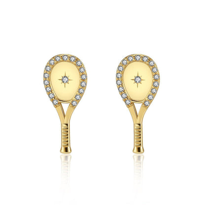 LoveMatch Tennis Racquet Bling Stud Earrings Gold