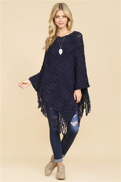 Chic Comfort Navy Fringe Poncho