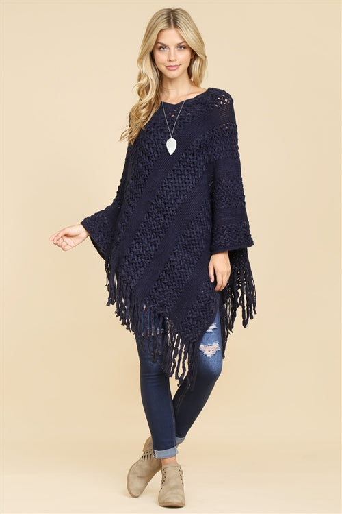 Chic Comfort Navy Fringe Poncho