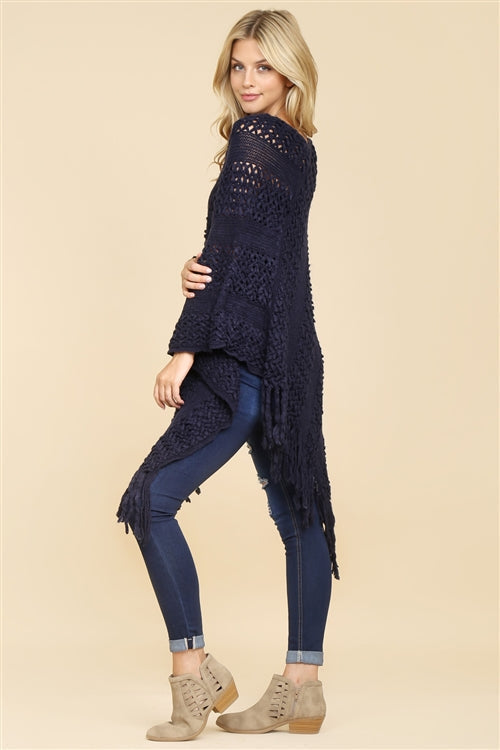 Chic Comfort Navy Fringe Poncho