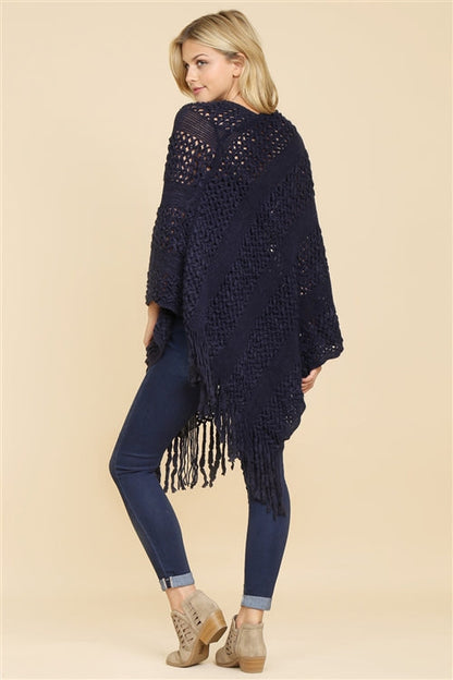 Chic Comfort Navy Fringe Poncho