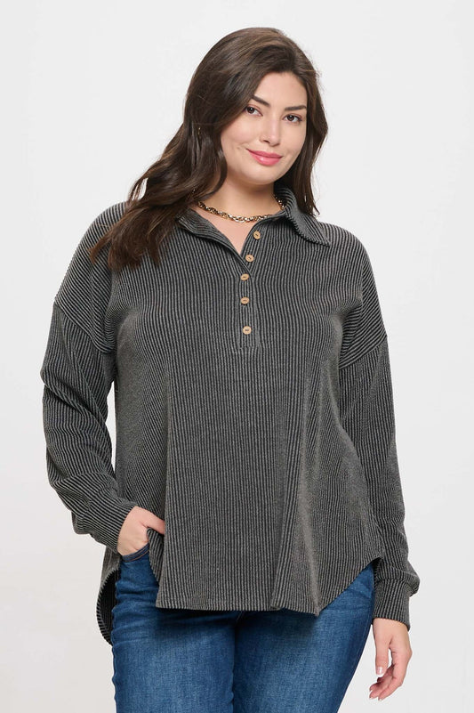 Plus Pinstripe Collared Half Button Knit Top