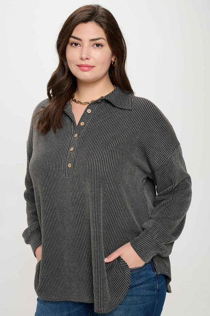 Plus Pinstripe Collared Half Button Knit Top