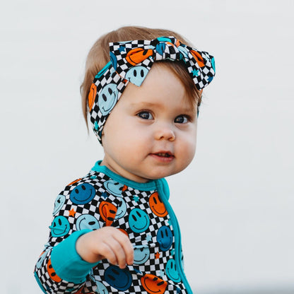 HEADBAND- Blue Check Smile Bamboo Viscose