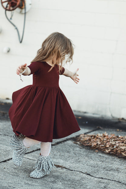 MID SLEEVE TWIRL DRESS- Black Cherry Ribbed