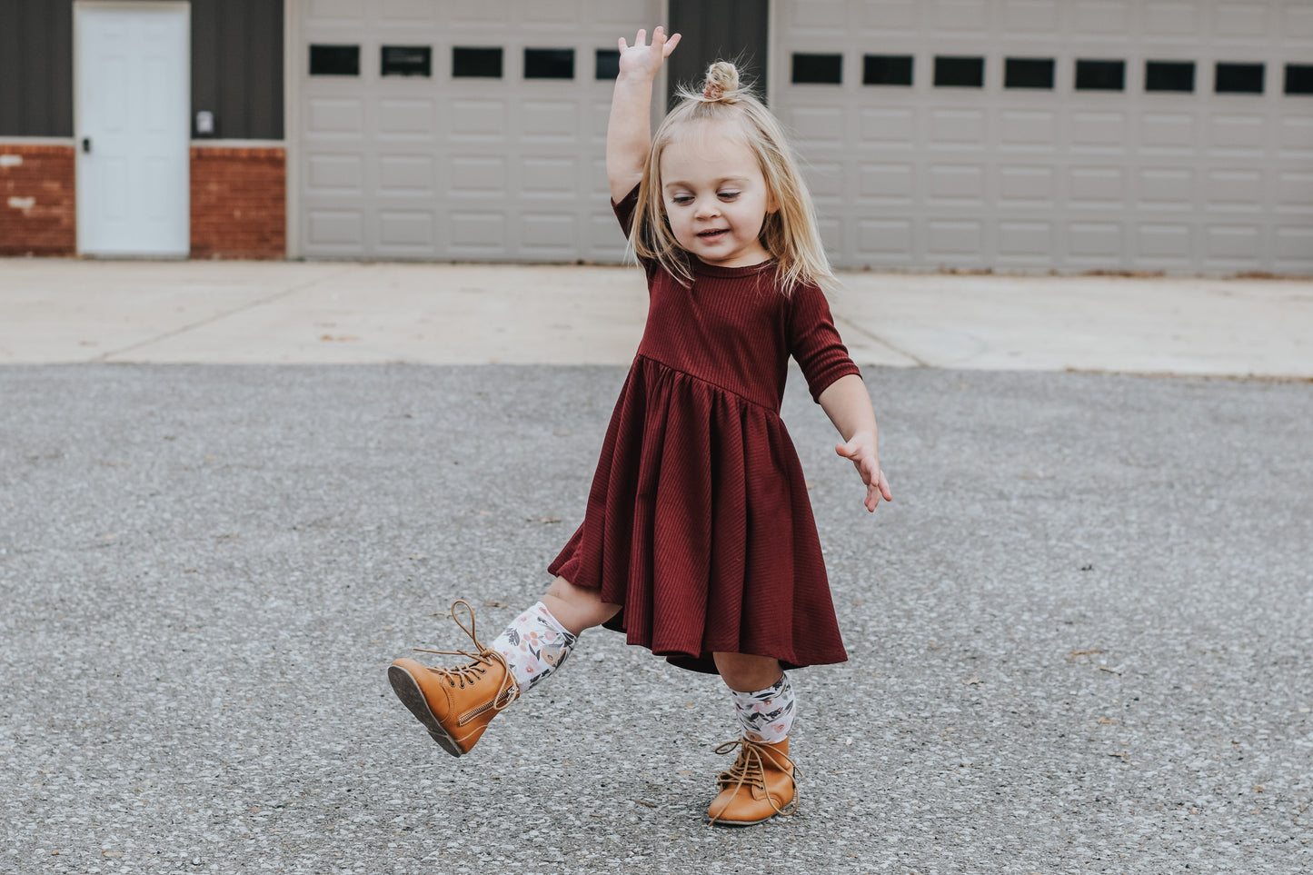 MID SLEEVE TWIRL DRESS- Black Cherry Ribbed