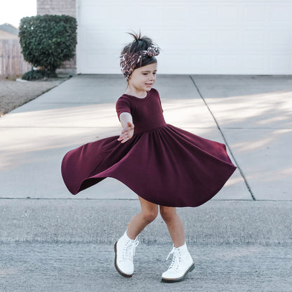 MID SLEEVE TWIRL DRESS- Black Cherry Ribbed