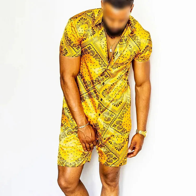 Men Beach Shirt Sets Retro Ethnic Style