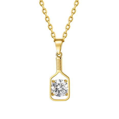 Pickleball Solitaire Crystal FINE Solid 14K Gold Paddle Necklace