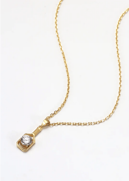 Pickleball Solitaire Crystal FINE Solid 14K Gold Paddle Necklace