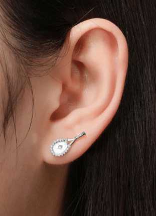 LoveMatch Tennis Racquet Bling Stud Earrings Silver