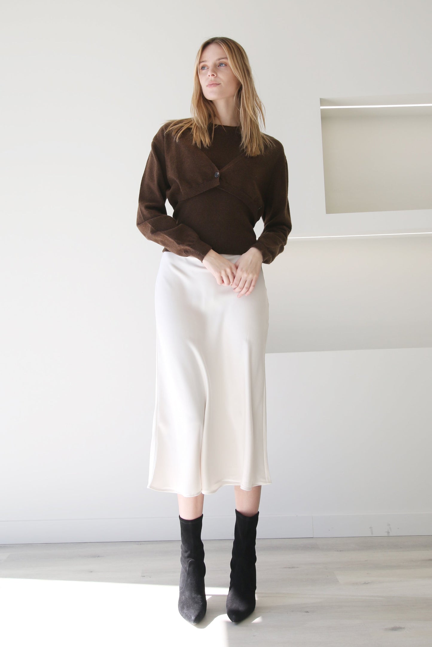 High Waist A-Line Midi Satin Skirt Ivory