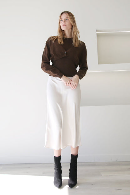 High Waist A-Line Midi Satin Skirt Ivory