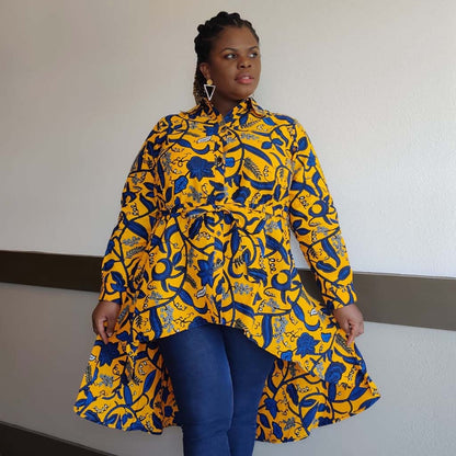 Kente African Print High Low Button up Shirt (Blue Yellow )