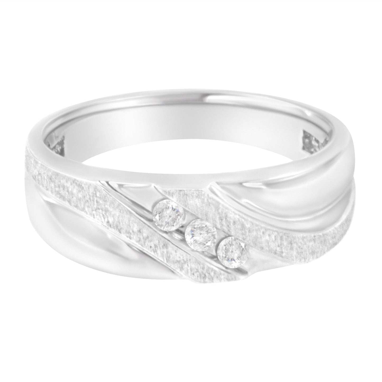 10K White Gold 1/10 Cttw Diamond Men's Three Stone Channel Set Diamond Wedding Ring (I-J Color, I1-I2 Clarity) - Size 9