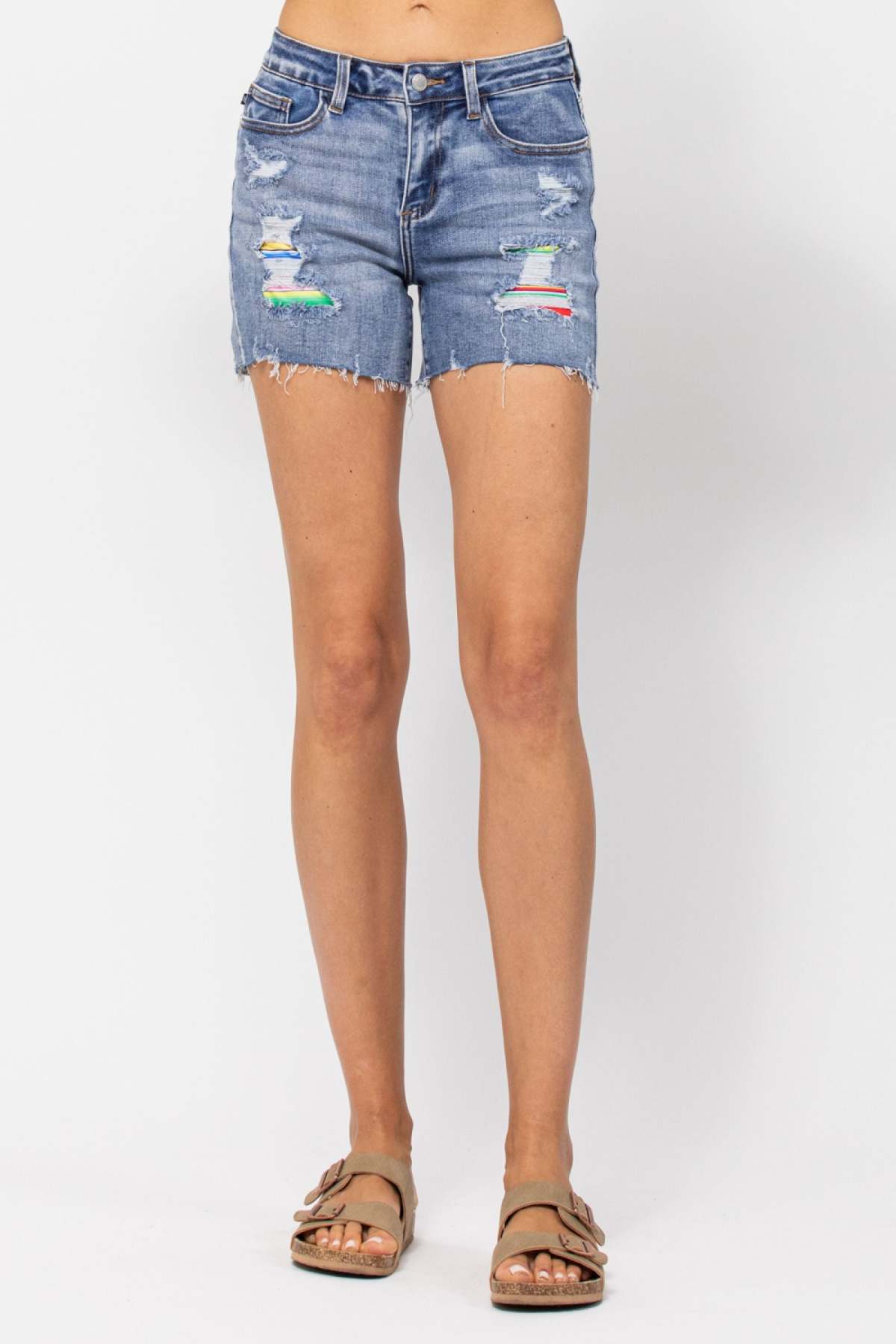 Judy Blue Mid-Rise Serape Patch Cut-Off Denim Shorts