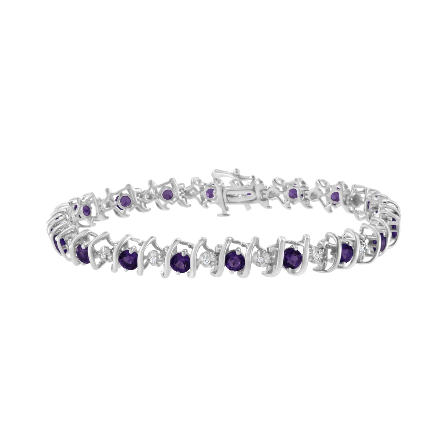 .925 Sterling Silver, Lab Created Gemstone and 1/6 Cttw Round Diamond Tennis Bracelet (H-I Color, I1-I2 Clarity) - Created Purple Amethyst, February Birthstone