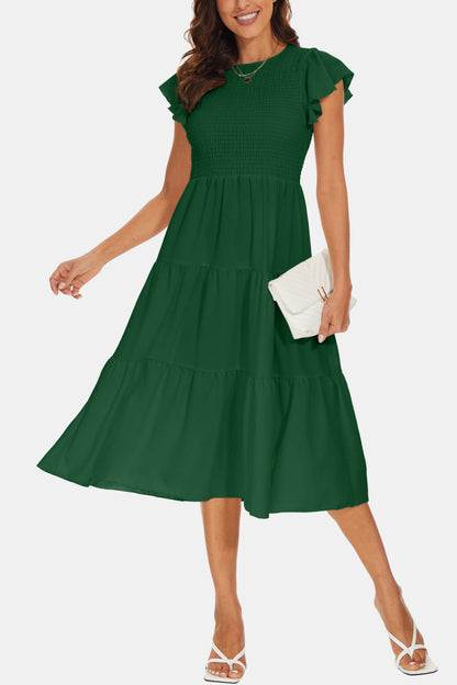Round Neck Smocked Flutter Sleeve Tiered Dress