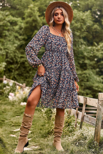 Printed Off-Shoulder Frill Trim Tiered Dress